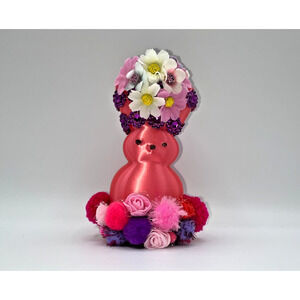 Large Pink Shimmery Bunny Peep Floral Hat Purple Pink Pom Poms Pink Roses OOAK
